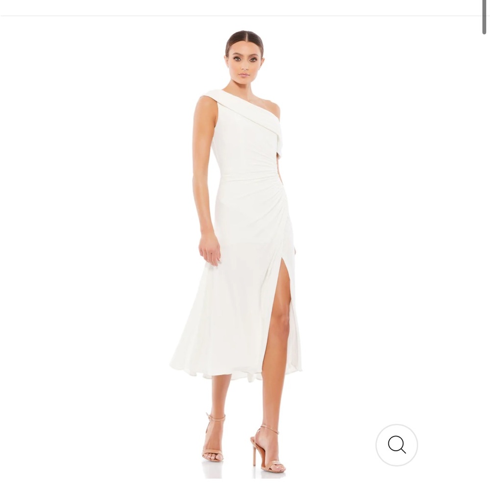 Mac Duggal Ruched Off-the-Shoulder Midi Dress in white, size 10, new with tags